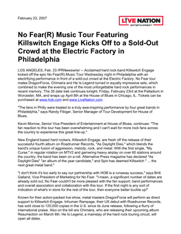 No Fear(R) Music Tour Featuring Killswitch Engage Kicks Off to a Sold-Out Crowd at the Electric Factory in Philadelphia