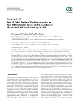 Research Article Role of Dried Fruits of Carissa Carandas As Anti-Inflammatory Agents and the Analysis of Phytochemical Constituents by GC-MS