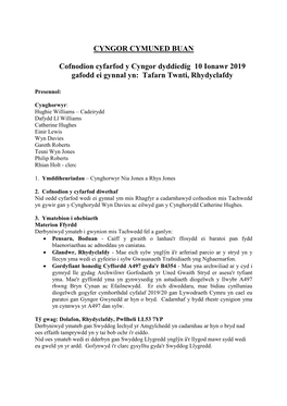 Cofnodion Cyfarfod Y Cyngor Dyddiedig 10 Ionawr 2019 Gafodd Ei Gynnal Yn: Tafarn Twnti, Rhydyclafdy