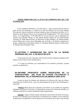 97.-Lectura Y Aprobación Del Acta De La Sesion Ordinaria Del Dia 31 De Mayo De 2019