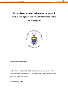 Regulation of Pyruvate Dehydrogenase Kinase 4 (PDK4) Through Protein-Protein Interaction and Its Role in Apoptosis