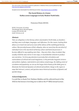 1 the Social History of a Genre: Kathas Across Languages in Early Modern North India Francesca Orsini (SOAS) Abstract: Tales