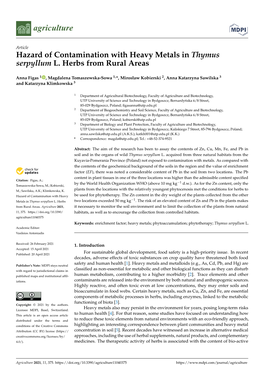 Hazard of Contamination with Heavy Metals in Thymus Serpyllum L