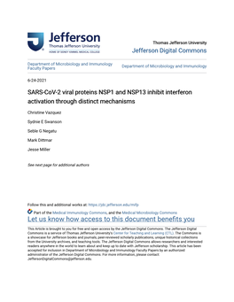 SARS-Cov-2 Viral Proteins NSP1 and NSP13 Inhibit Interferon Activation Through Distinct Mechanisms