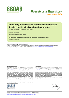 Measuring the Decline of a Marshallian Industrial District: the Birmingham Jewellery Quarter Propris, Lisa De; Lazzeretti, Luciana