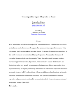 Censorship and the Impact of Repression on Dissent Grigore Pop-Eleches Princeton University Gpop@Princeton.Edu Lucan Way Univer