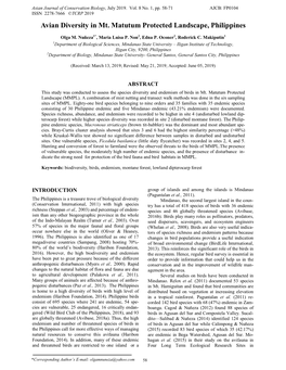 Avian Diversity in Mt. Matutum Protected Landscape, Philippines