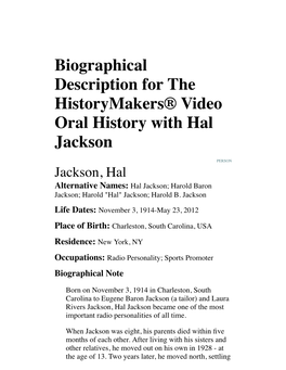 Biographical Description for the Historymakers® Video Oral History with Hal Jackson