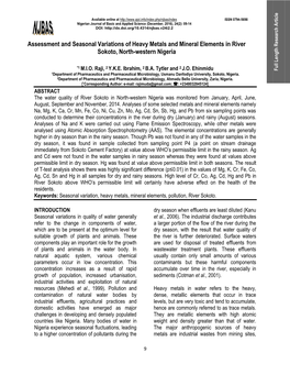 Assessment and Seasonal Variations of Heavy Metals and Mineral Elements in River Article Research Sokoto, North-Western Nigeria