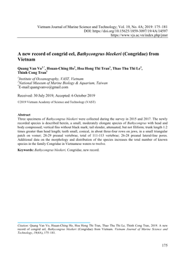 A New Record of Congrid Eel, Bathycongrus Bleekeri (Congridae) from Vietnam