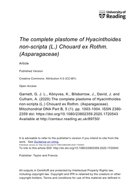 The Complete Plastome of Hyacinthoides Non-Scripta (L.) Chouard Ex Rothm