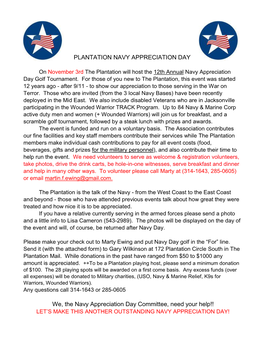 PLANTATION NAVY APPRECIATION DAY We, the Navy Appreciation Day Committee, Need Your Help!!