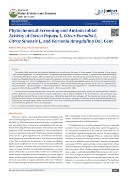 Phytochemical Screening and Antimicrobial Activity of Carica Papaya L, Citrus Paradisi L, Citrus Sinensis L, and Vernonia Amygdalina Del