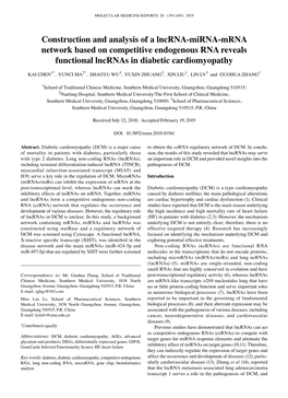 Construction and Analysis of a Lncrna‑Mirna‑Mrna Network Based on Competitive Endogenous RNA Reveals Functional Lncrnas in Diabetic Cardiomyopathy