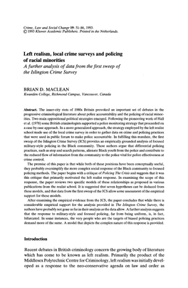 Left Realism, Local Crime Surveys and Policing of Racial Minorities a Further Analysis of Data from the First Sweep of the Islington Crime Survey