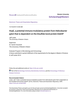 Hcpe, a Potential Immuno-Modulatory Protein from Helicobacter Pylori That Is Dependent on the Disulfide Bond Protein Dsbhp