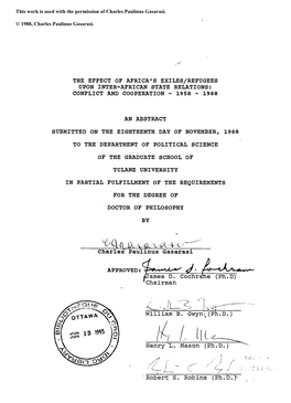 The Effect of Africa's Exiles/Refugees Upon Inter-African State Relations: Conflict and Cooperation - 1958 - 1988