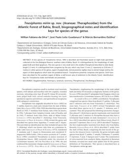 (Araneae: Theraphosidae) from the Atlantic Forest of Bahia, Brazil, Biogeographical Notes and Identification Keys for Species of the Genus