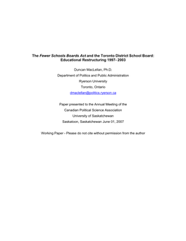 The Fewer Schools Boards Act and the Toronto District School Board: Educational Restructuring 1997- 2003