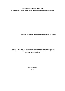 Casa De Oswaldo Cruz – FIOCRUZ Programa De Pós-Graduação Em História Das Ciências E Da Saúde