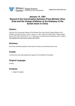 January 14, 1961 Record of the Conversation Between Prime Minister Zhou Enlai and the Charge D'affaires of the Embassy of the Soviet Union in China