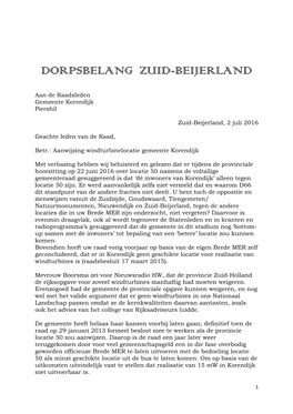 Brief Van Dorpsbelang Zuid-Beijerland Aan Gemeenteraad Korendijk Over Aanwijzing Windturbinelocatie