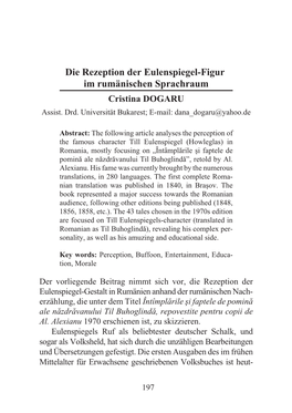 Die Rezeption Der Eulenspiegel-Figur Im Rumänischen Sprachraum Cristina DOGARU Assist