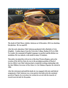 The Death of Chief Moses Adeleke Adesiyan on 14 December, 2014 Was Shocking but Glorious