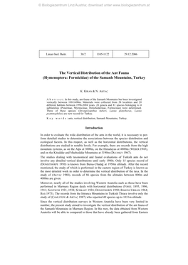 The Vertical Distribution of the Ant Fauna (Hymenoptera: Formicidae) of the Samanlı Mountains, Turkey