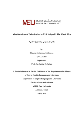 Manifestations of Colonization in V. S. Naipaul's the Mimic