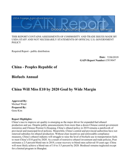 Peoples Republic of Biofuels Annual China Will Miss E10 by 2020 Goal