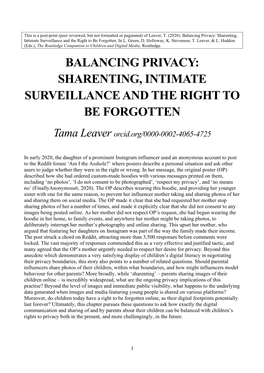 Sharenting, Intimate Surveillance and the Right to Be Forgotten