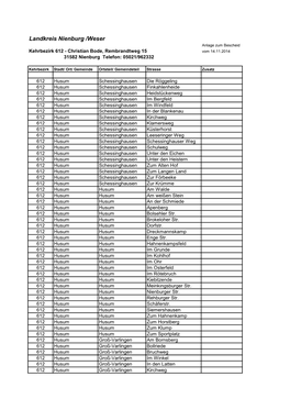 Kehrbezirk 612 - Christian Bode, Rembrandtweg 15 Vom 14.11.2014 31582 Nienburg Telefon: 05021/962332