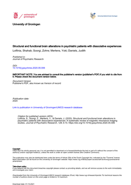 Structural and Functional Brain Alterations in Psychiatric Patients with Dissociative Experiences Lotfinia, Shahab; Soorgi, Zohre; Mertens, Yoki; Daniels, Judith