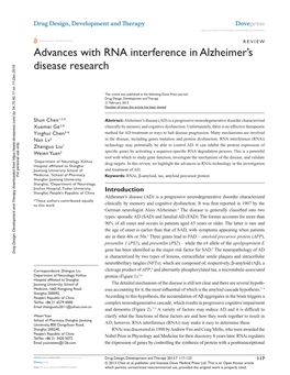 Advances with RNA Interference in Alzheimer's Disease Research