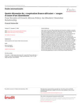 Coopération Franco-Africaine » : Usages Et Usure D'un Clientélisme Four Decades of French African Policy: an Obsolete Clientelist Relationship Franck Petiteville