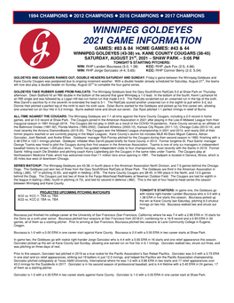 WINNIPEG GOLDEYES 2021 GAME INFORMATION GAMES: #83 & 84 HOME GAMES: #43 & 44 WINNIPEG GOLDEYES (43-38) Vs