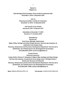 Built Heritage Sub-Committee / Sous-Comité Du Patrimoine Bâti December 2, 2016 / 2 Décembre 2016