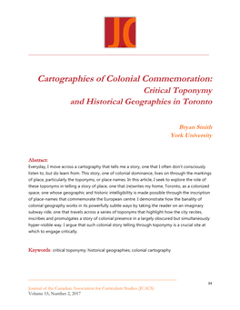 Cartographies of Colonial Commemoration: Critical Toponymy and Historical Geographies in Toronto
