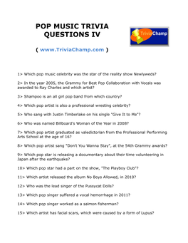 Pop Music Trivia Questions Iv