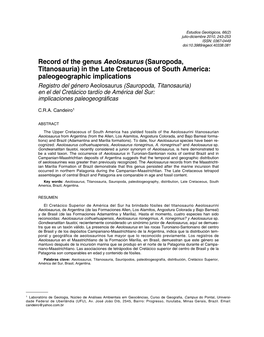 Registro Del Género Aeolosaurus (Sauropoda, Titanosauria) En El Del Cretácico Tardío De América Del Sur: Implicaciones Paleogeográficas