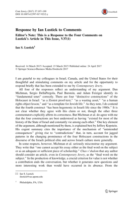 Lustick Response to Comments on Four Constructions of Holocaust.Pdf