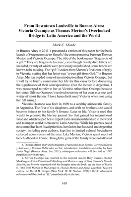From Downtown Louisville to Buenos Aires: Victoria Ocampo As Thomas Merton’S Overlooked Bridge to Latin America and the World