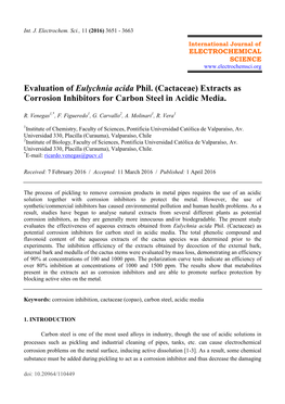 Evaluation of Eulychnia Acida Phil. (Cactaceae) Extracts As Corrosion Inhibitors for Carbon Steel in Acidic Media