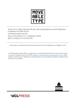 Recurring Nightmares and the Repetition Compulsion in Gothic Fiction Author[S]: Joseph Crawford Source: Moveabletype, Vol