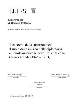 Il Ruolo Della Musica Nella Diplomazia Culturale Americana Nei Primi Anni Della Guerra Fredda (1945 – 1958)