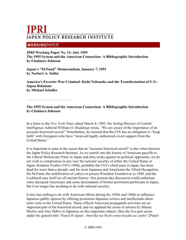 JPRI Working Paper No. 11: July 1995 the 1955 System and the American Connection: a Bibliographic Introduction by Chalmers Johnson