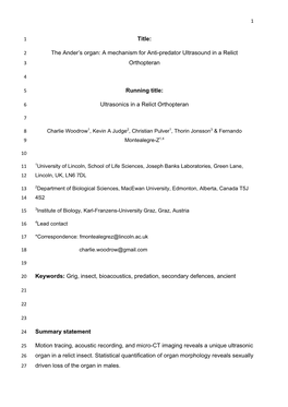 The Ander's Organ: a Mechanism for Anti-Predator Ultrasound in a Relict Orthopteran Running Title