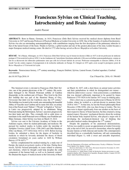 Franciscus Sylvius on Clinical Teaching, Iatrochemistry and Brain Anatomy