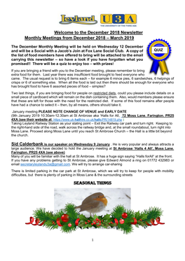 The December 2018 Newsletter Monthly Meetings from December 2018 – March 2019